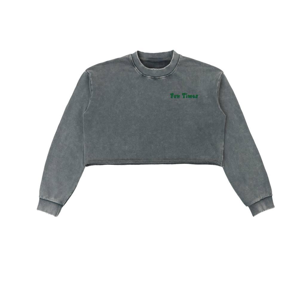 Grey "Fun Times" Snow Washed Cropped Sweatshirt