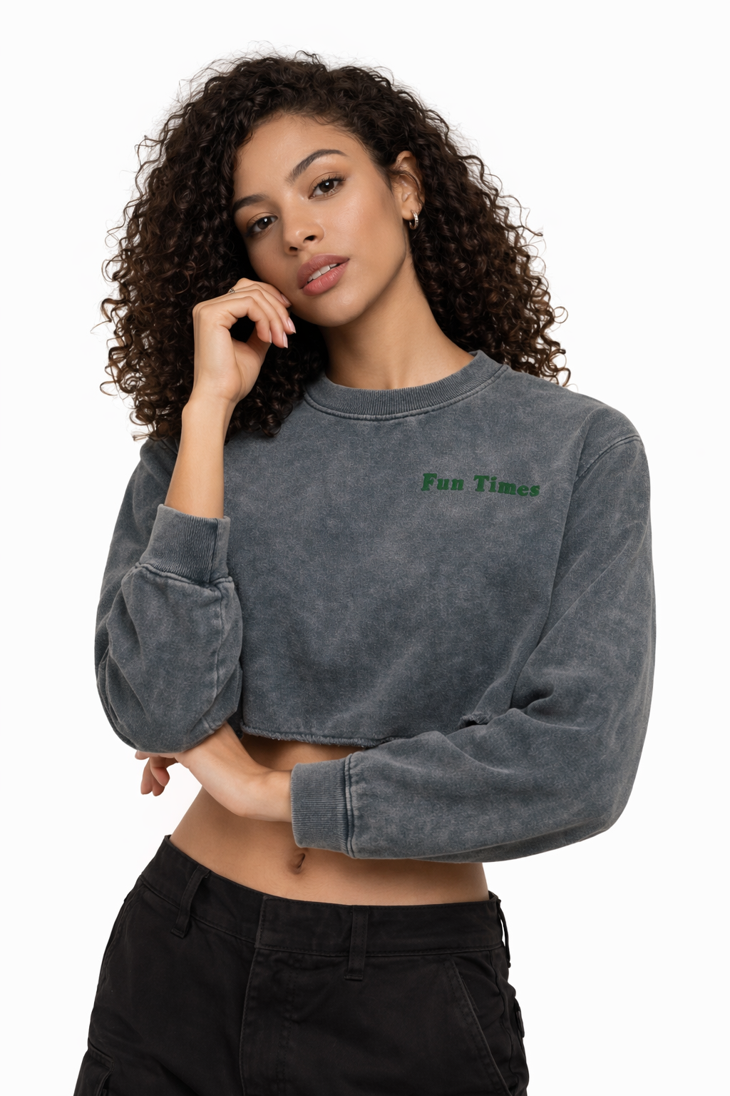 Grey "Fun Times" Snow Washed Cropped Sweatshirt