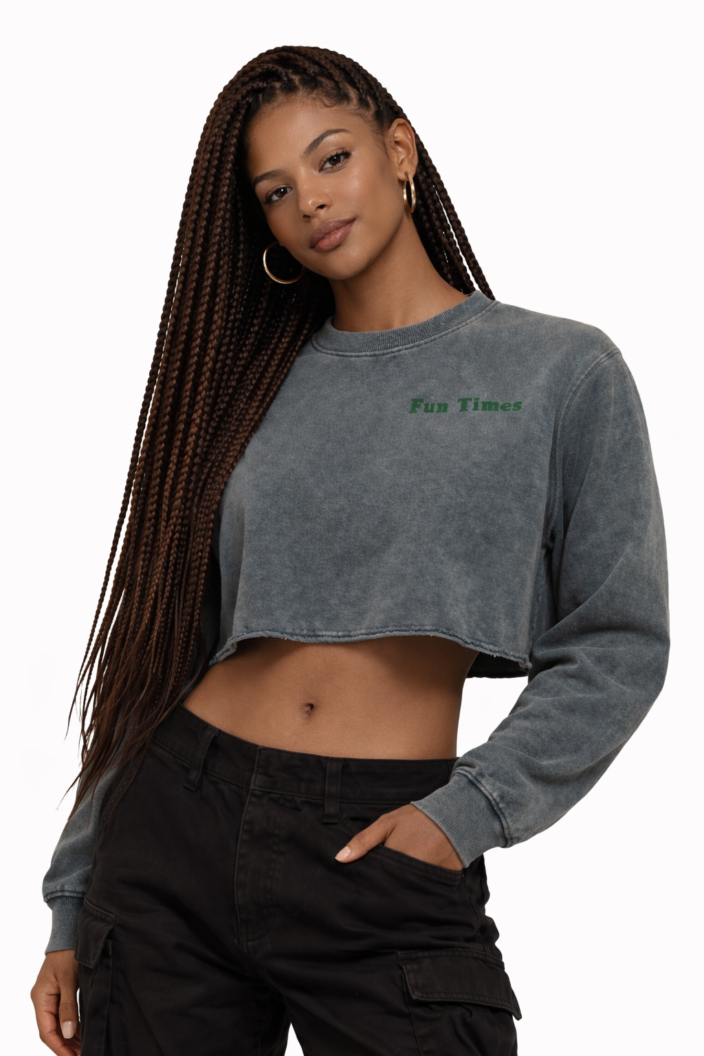 Grey "Fun Times" Snow Washed Cropped Sweatshirt