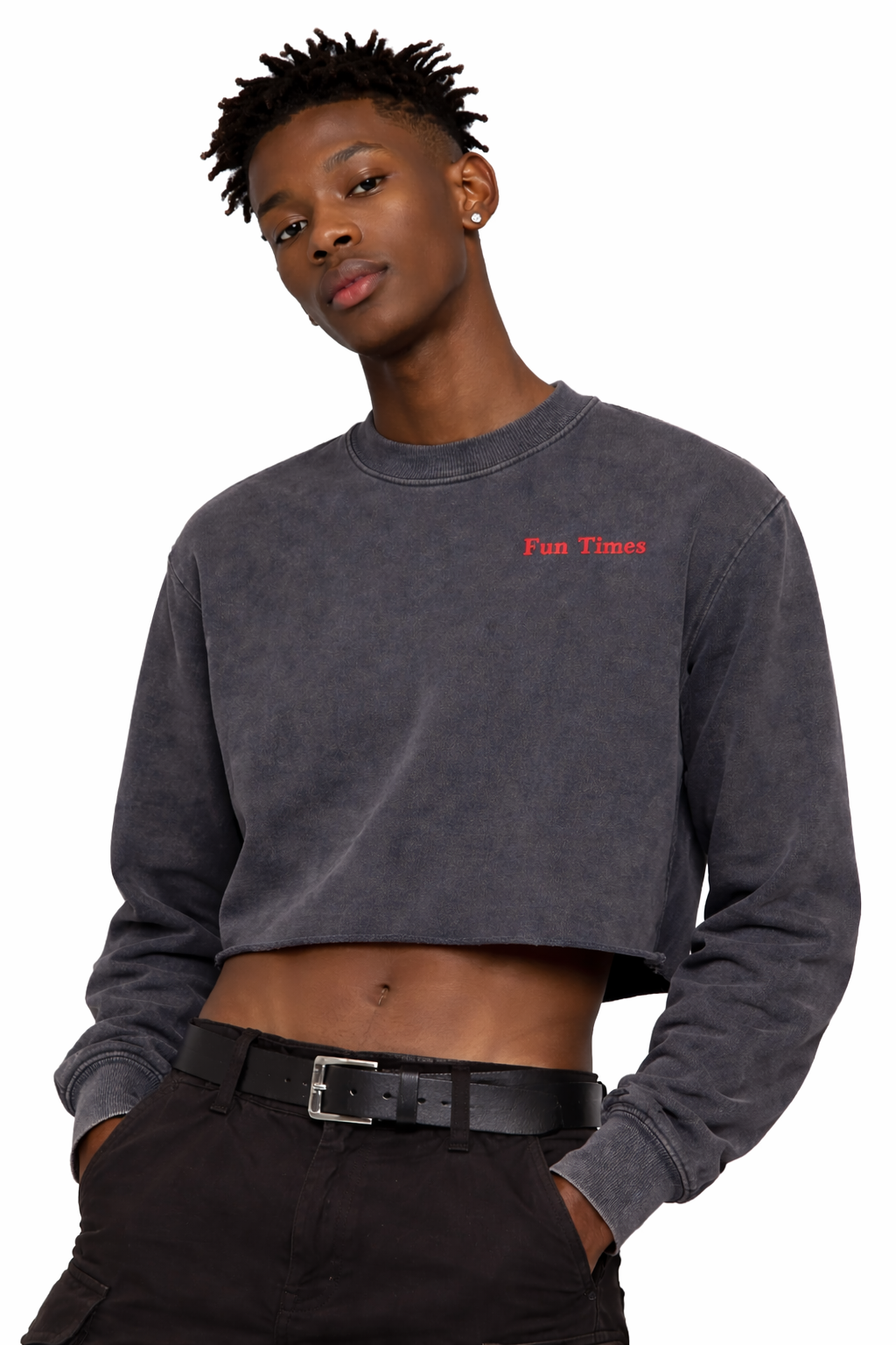 Charcoal "Fun Times" Snow Washed Cropped Sweatshirt