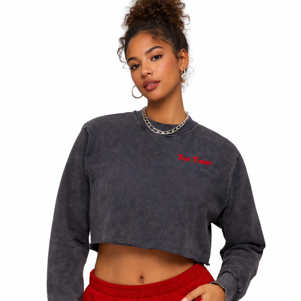 Charcoal "Fun Times" Snow Washed Cropped Sweatshirt