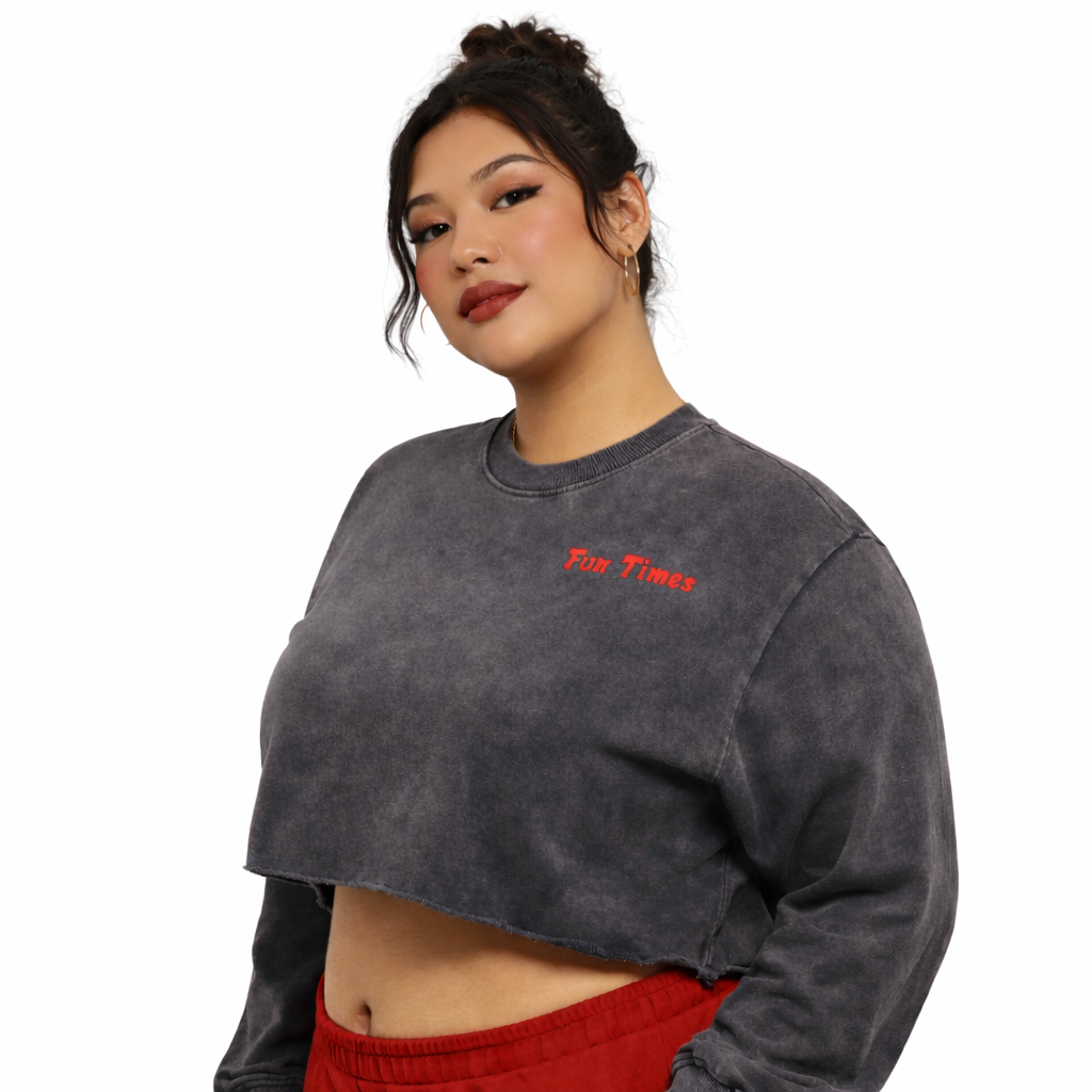 Charcoal "Fun Times" Snow Washed Cropped Sweatshirt