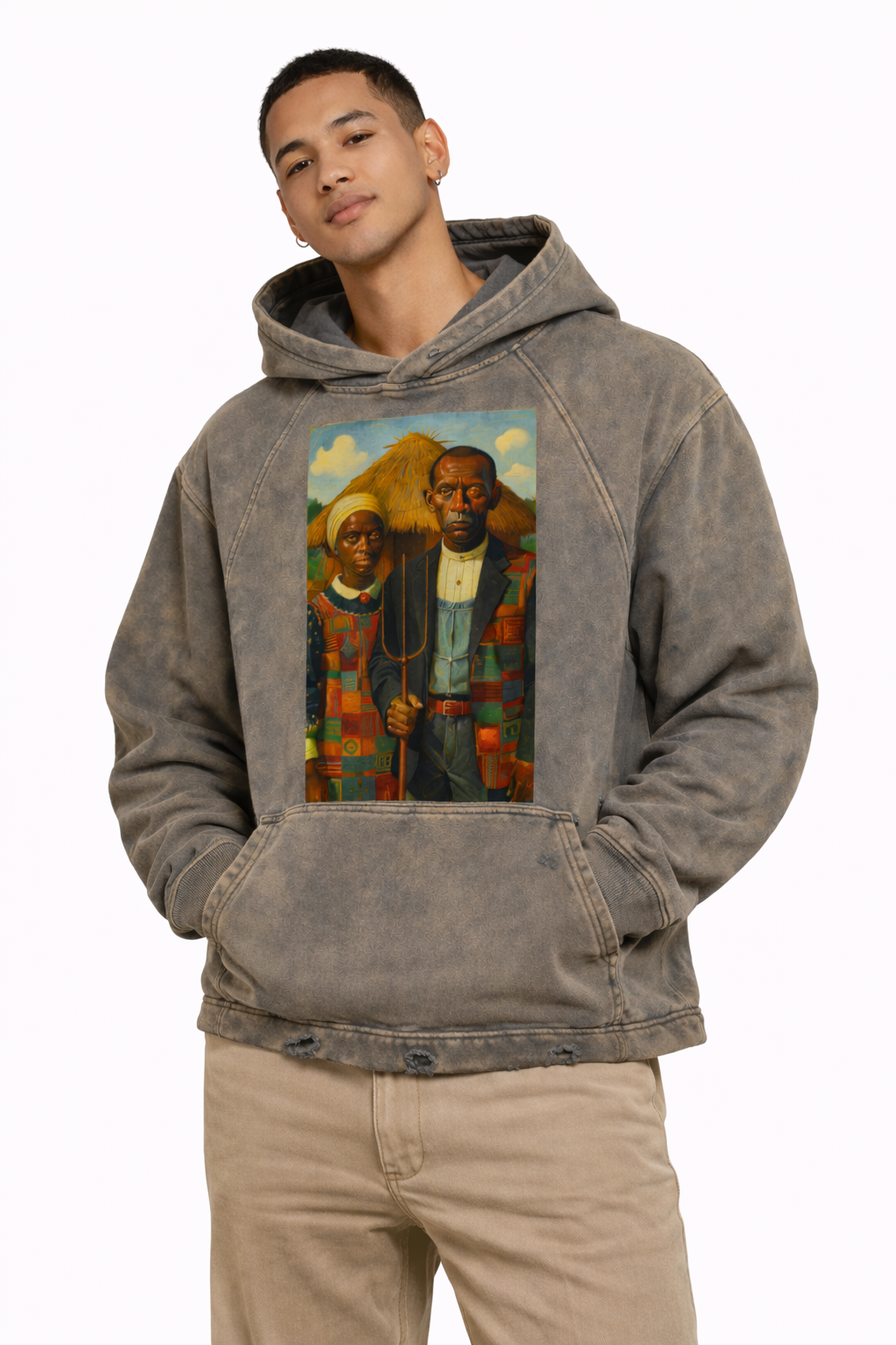 "African Gothic" Vintage Washed Frayed-Hem Hoodie